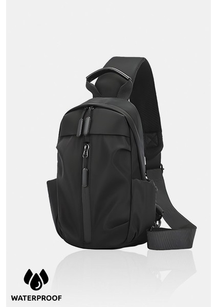 Su Itici Kumaş ve Fermuarlı Çapraz Askılı Çok Amaçlı Siyah Bel ve Omuz Çantası