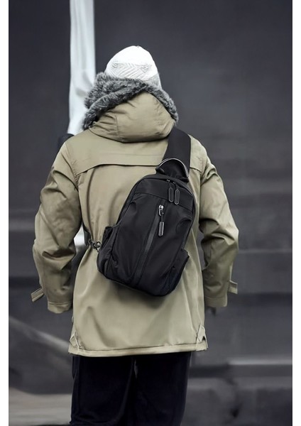 Su Itici Kumaş ve Fermuarlı Çapraz Askılı Çok Amaçlı Siyah Bel ve Omuz Çantası