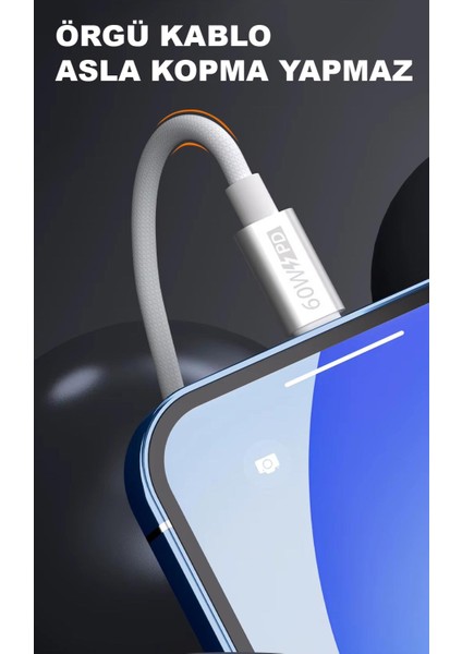 Apple Watch ile Uyumlu 60W Pd Şarj Aleti Örgü Çoklu Şarj Kablosu 3in1 iPhone ile Uyumlu 15 ve Üstü modelleri