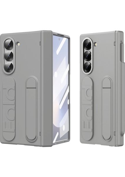 Samsung Galaxy Z Fold6 5g Kılıf Kickstand Bileklik Temperli Cam Filmli Pc Telefon Kapağı-Gri (Yurt Dışından)