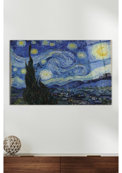 Van Gogh Starry Night Yıldızlı Gece Cam Tablo, Modern Ev ve Ofis Dekoru, Hediyelik Duvar Dekorasyonu