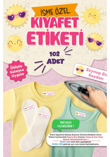 Kıyafet Etiketi - Okul Kıyafetlerine Kişiye Özel 30 Saniyede Kolay Uygulama Yıkanabilir -Güneş Figür