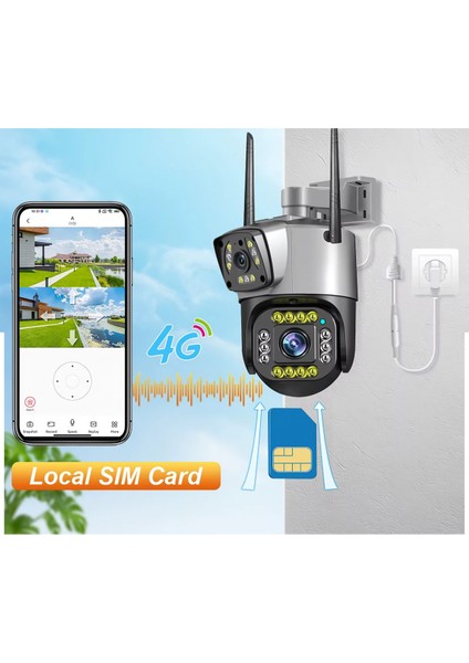 Çift Lensli Wifi Smart 360 Derece Tam Renkli Açık Hava Gece Görüşlü 4mp. 4g Ptz Kamera 2k 10X Zoom