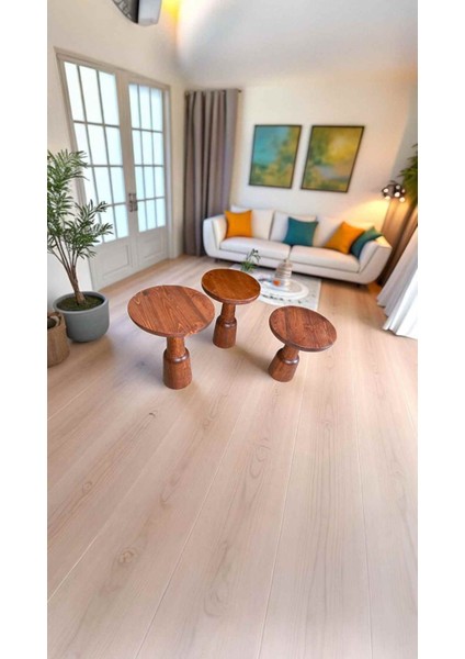 Ahşap 3’lü Mantar Sehpa Takımı – Modern ve Fındık Renk Yan Sehpa modelleri