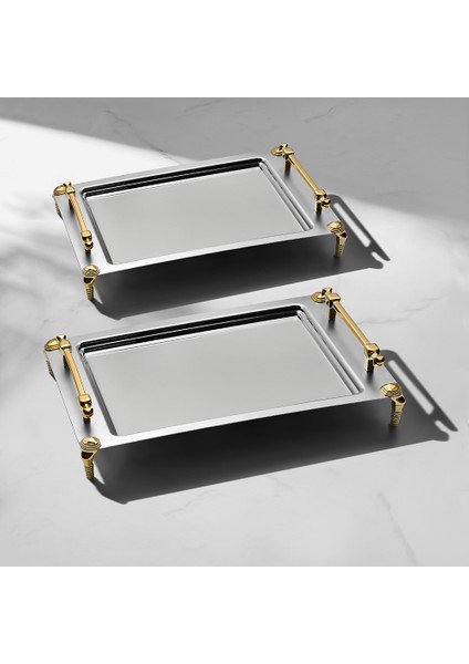 Verona Ayaklı 2'li Altın Saten Çelik Tepsi Seti