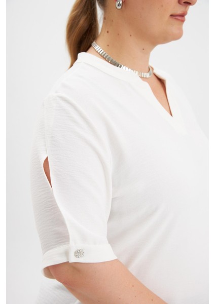 Kol Yırtmaç Detaylı Büyük Beden Bluz Ekru fiyatları