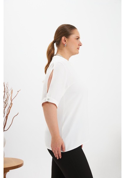 Kol Yırtmaç Detaylı Büyük Beden Bluz Ekru fırsatları