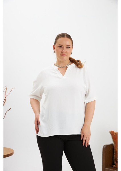Kol Yırtmaç Detaylı Büyük Beden Bluz Ekru indirimleri