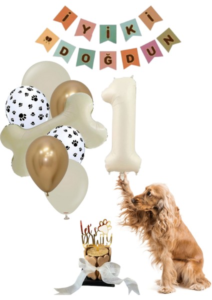 Köpekler Için Xl Parti Paketi-Doğum Günü Pastası, 1 Yaş Kemik Balon Set, Retro Banner