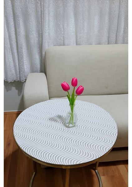 Yuvarlak Krem Bej Paralel Çizgili Dantelli Çeyizlik Orta Sehpa Örtüsü Şeffaf Pvc Masa Örtüsü