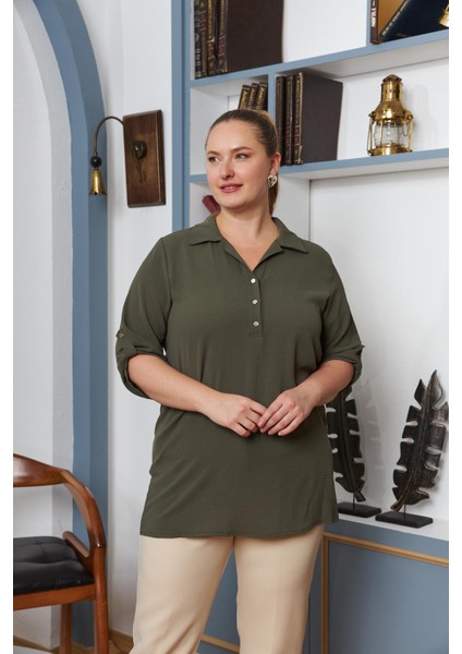 Kol Detaylı Büyük Beden Gömlek Yaka Haki Bluz