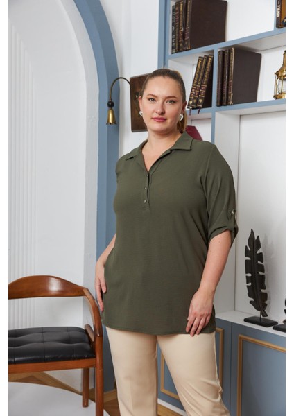 Kol Detaylı Büyük Beden Gömlek Yaka Haki Bluz fiyatları