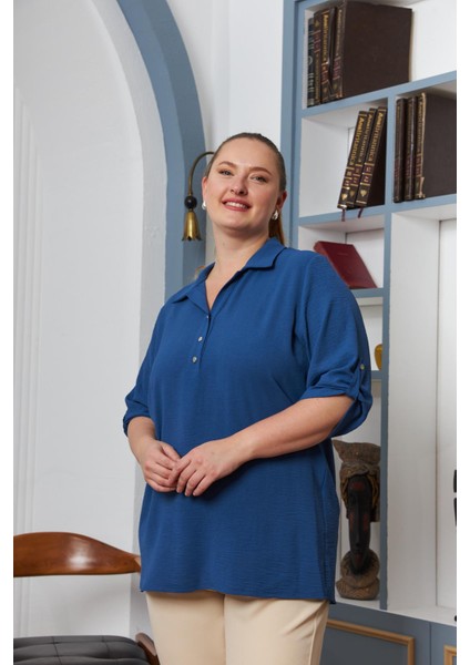 Kol Detaylı Büyük Beden Gömlek Yaka Indigo Bluz modelleri