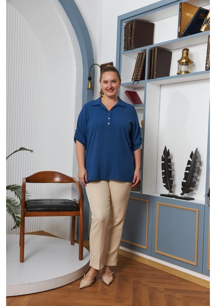 Kol Detaylı Büyük Beden Gömlek Yaka Indigo Bluz indirimleri