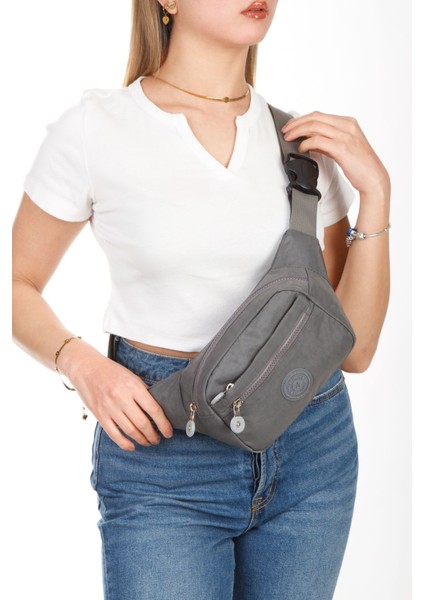 Gri Unisex Krinkıl Kumaş Bel ve Omuz Çantası, Şık ve Kullanışlı Tasarım