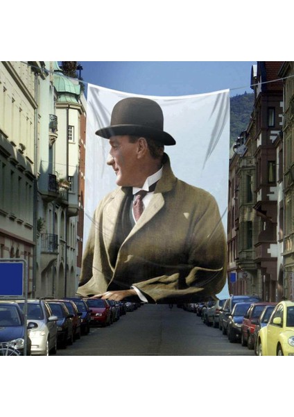 Şapkalı Sivil Mustafa Kemal Atatürk Poster Dış Cephe Bayrağı - 6x9 Metre