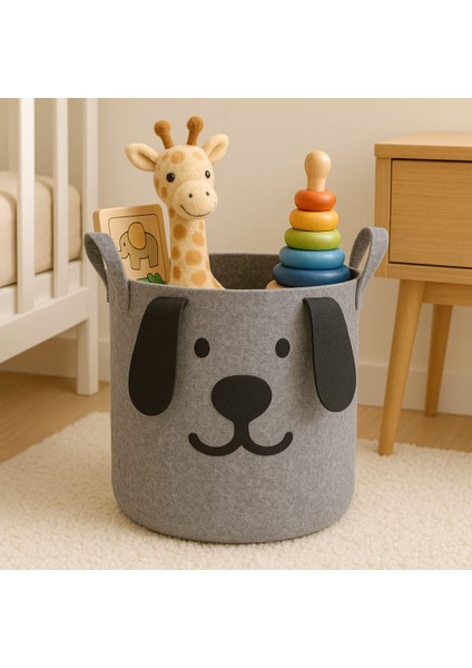 Köpek Figürlü Keçe Oyuncak Sepeti 40X45 cm Gri Renk Kulplu Katlanabilir Model fiyatları
