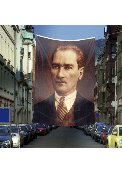 Takım Elbiseli Sivil Mustafa Kemal Atatürk Dış Cephe Poster Bayrağı - 6 x 9 Metre