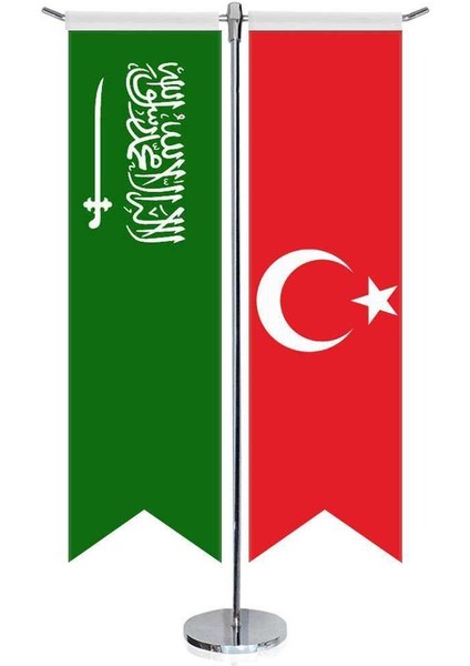 Suudi Arabistan Krallığı Bayrağı ve Türkiye Kırlangıç Saten T Direk Masa Bayrağı 2'li