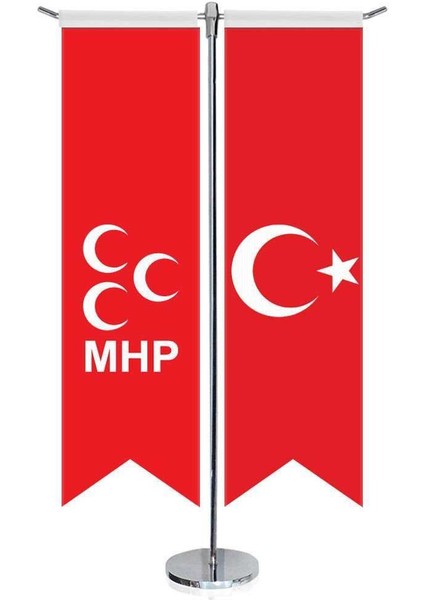 Milliyetçi Hareket Partisi Mhp Kırmızı Bayrağı ve Türkiye Kırlangıç Saten T Direk Masa Bayrağı 2'li