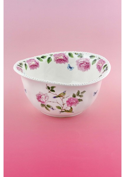 Inci Serisi Pembe Gül ve Kuş Porselen Salata Kasesi