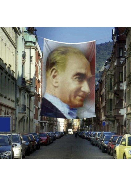 Gülümseyen Gazi Mustafa Kemal Atatürk Portre Poster Cephe Bayrağı - 4x6 Metre