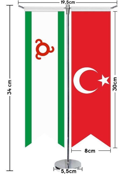 Inguşetya Cumhuriyeti Bayrağı ve Türkiye Kırlangıç Saten T Direk Masa Bayrağı 2'li
