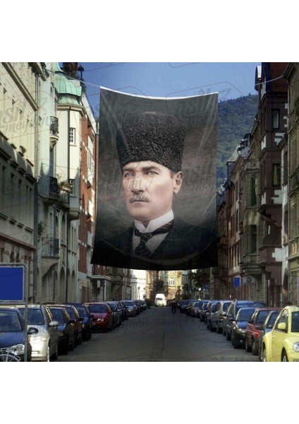 Sivil Kaplaklı Gazi Mustafa Kemal Atatürk - Portre Cephe Poster Bayrak-4x6 Metre