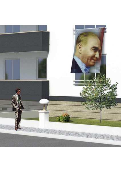 Gülümseyen Mustafa Kemal Atatürk Yan Portre Dış Poster Cephe Bayrağı