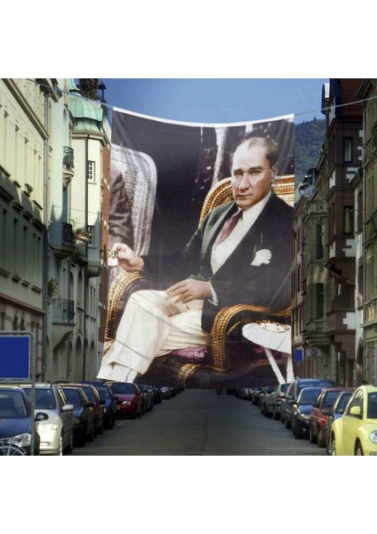 Takım Elbiseli Sivil Mustafa Kemal Atatürk Dış Cephe Poster Bayrağı - 6 x 9 Metre