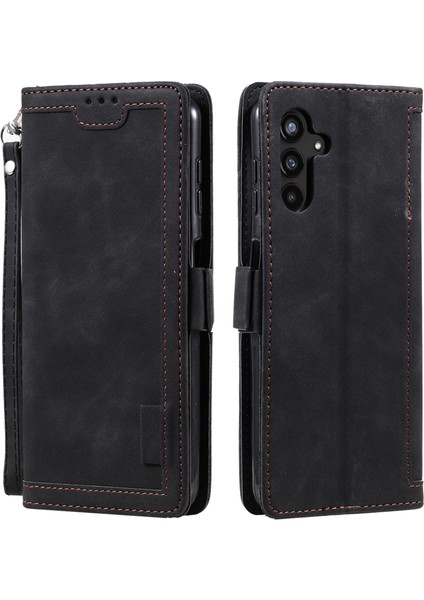 Samsung Galaxy S24 Kılıfı Retro Bir Ekleme Deri Cüzdan Kapağı Strap-Black (Yurt Dışından)