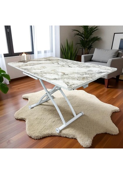 Ortadan Açılır Akıllı Masa Mdf Tabla Beyaz Ayaklı