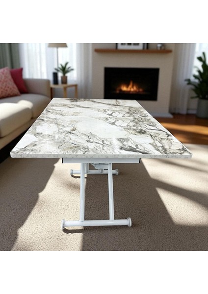 Ortadan Açılır Akıllı Masa Mdf Tabla Beyaz Ayaklı