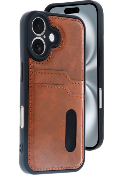 iPhone 16E Kılıf Kartlıklı Slots Pu Deri Sara Kapak