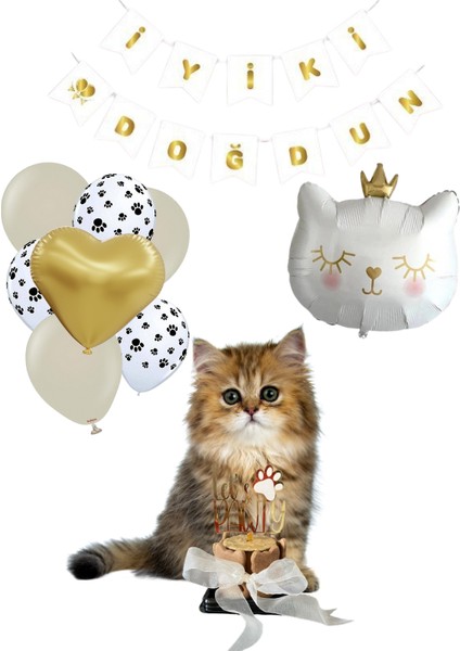 Kediler Için Xl Parti Paketi-Doğum Günü Pastası, Kedi Folyo Balon Set
