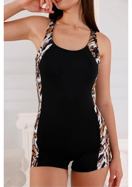 Garnili Siyah Askılı Leopar Desenli Tulum Mayo 1074