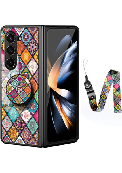 Samsung Galaxy Z Fold5 Için 5g Şok Geçirmez Çiçek Arka Kapak Temperli Cam+Pc+Tpu Kickstand Telefon Kasası, Kordon Kontrollü Desen (Yurt Dışından)