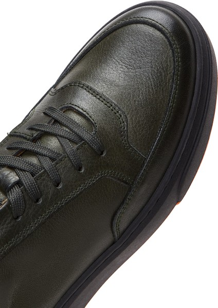 Erkek Haki Bağcıklı Kalın Tabanlı Deri Sneaker 25WFD610618