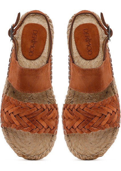 Kadın Turuncu Örgü Detaylı Süet Deri Espadril 25SFD206310