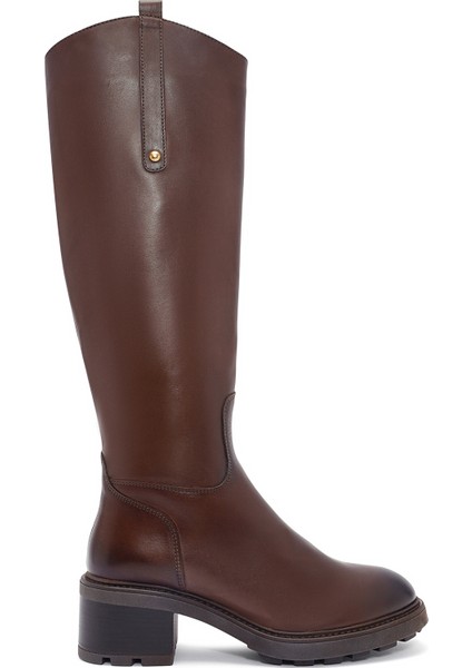 Kadın Kahverengi Fermuarlı Kısa Topuklu Deri Çizme 25WFD280918