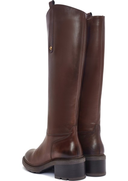 Kadın Kahverengi Fermuarlı Kısa Topuklu Deri Çizme 25WFD280918