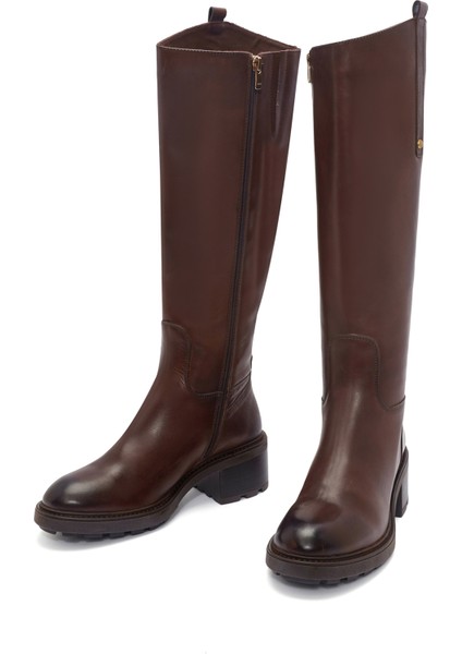 Kadın Kahverengi Fermuarlı Kısa Topuklu Deri Çizme 25WFD280918