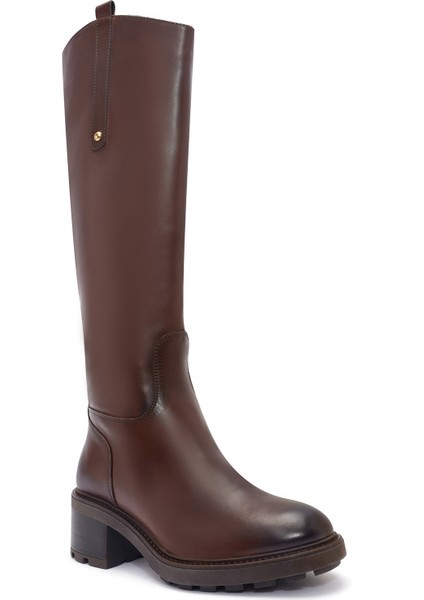 Kadın Kahverengi Fermuarlı Kısa Topuklu Deri Çizme 25WFD280918