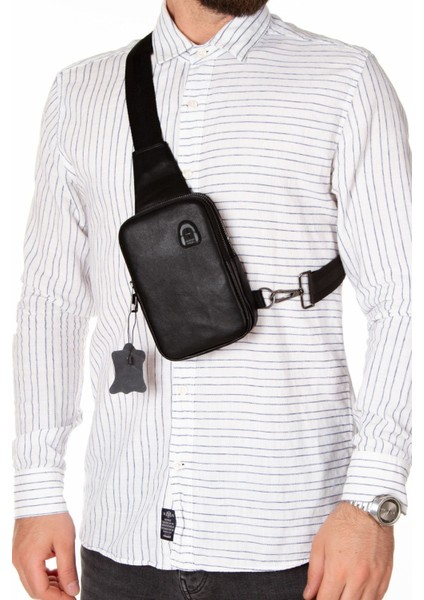 Hakiki Deri Telefon Bölmeli Çapraz Omuz Çantası, Şık ve Kullanışlı Tasarım, Siyah Renk