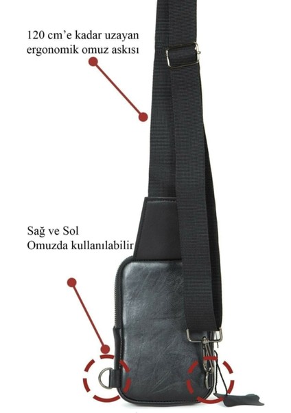 Hakiki Deri Telefon Bölmeli Çapraz Omuz Çantası, Şık ve Kullanışlı Tasarım, Siyah Renk