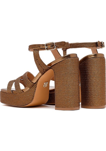 Kadın Bronz Bilekten Tokalı Yüksek Kalın Topuklu Platform Hasır Sandalet 25SFD4433M7