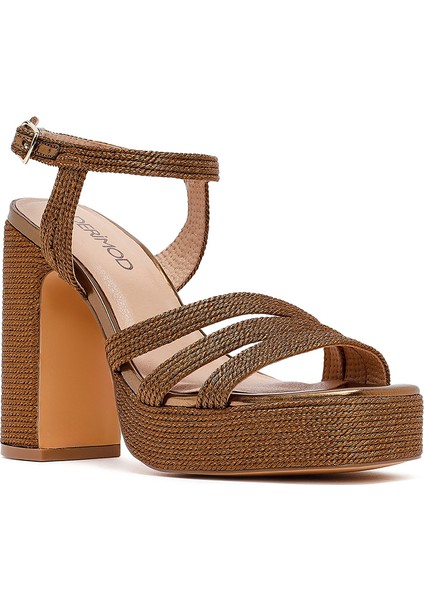 Kadın Bronz Bilekten Tokalı Yüksek Kalın Topuklu Platform Hasır Sandalet 25SFD4433M7