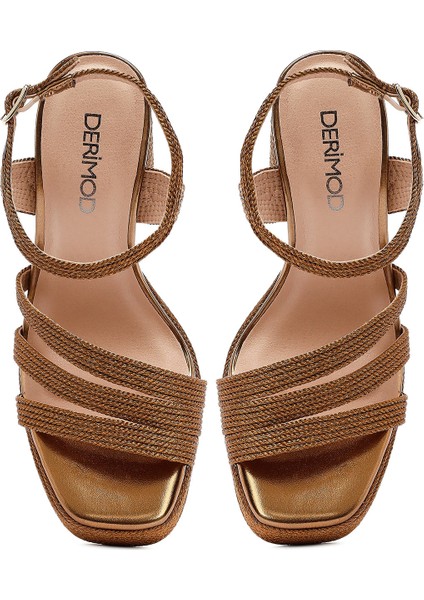 Kadın Bronz Bilekten Tokalı Yüksek Kalın Topuklu Platform Hasır Sandalet 25SFD4433M7