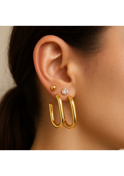 4’lü Gold Renk Minimalist Küpe Seti – Halka & Taşlı U Küpe