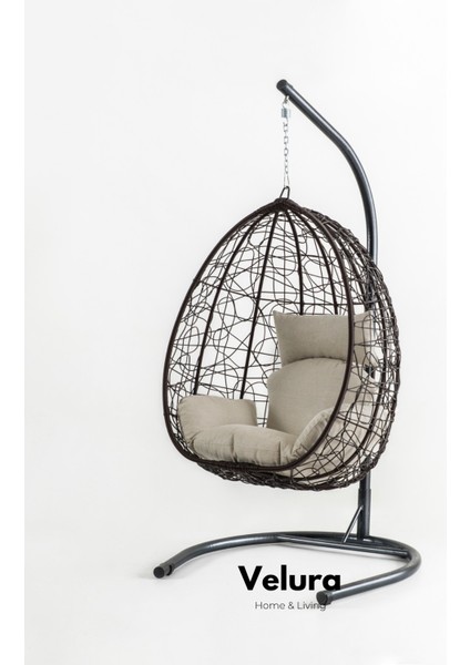 Deco Bahçe Salıncağı - Swing Kahve Rattan Krem Minder